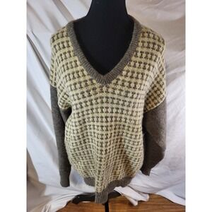 Vtge Alafoss Icewool Knit Icelandic Fair Isle Cream Beige Large Sweater V Neck